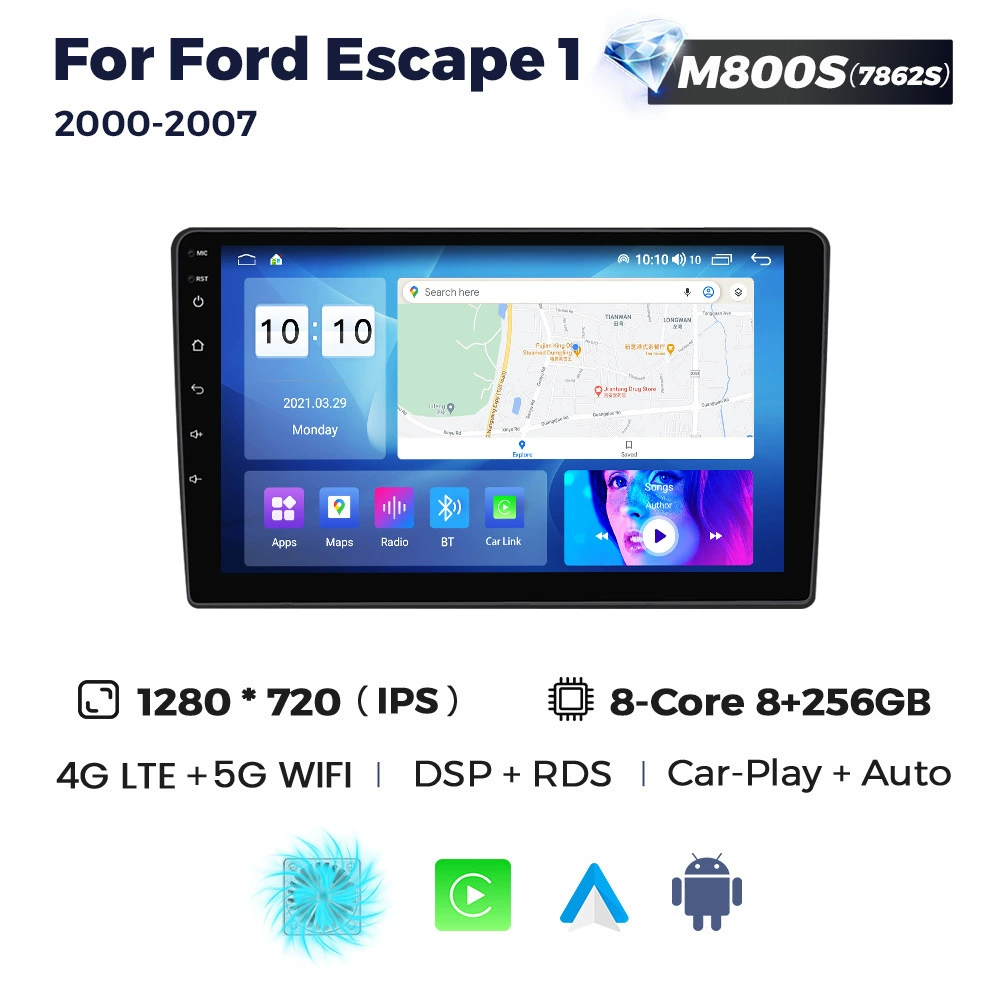 Android-магнитола с большим центральным экраном, Bluetooth и поддержкой CarPlay для Ford Escape 2000-2007