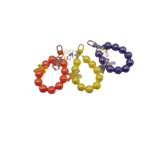 Electroplated beaded bow car keychain mobile phone pendant cute candy color paint circle pearl accessories bag decoration