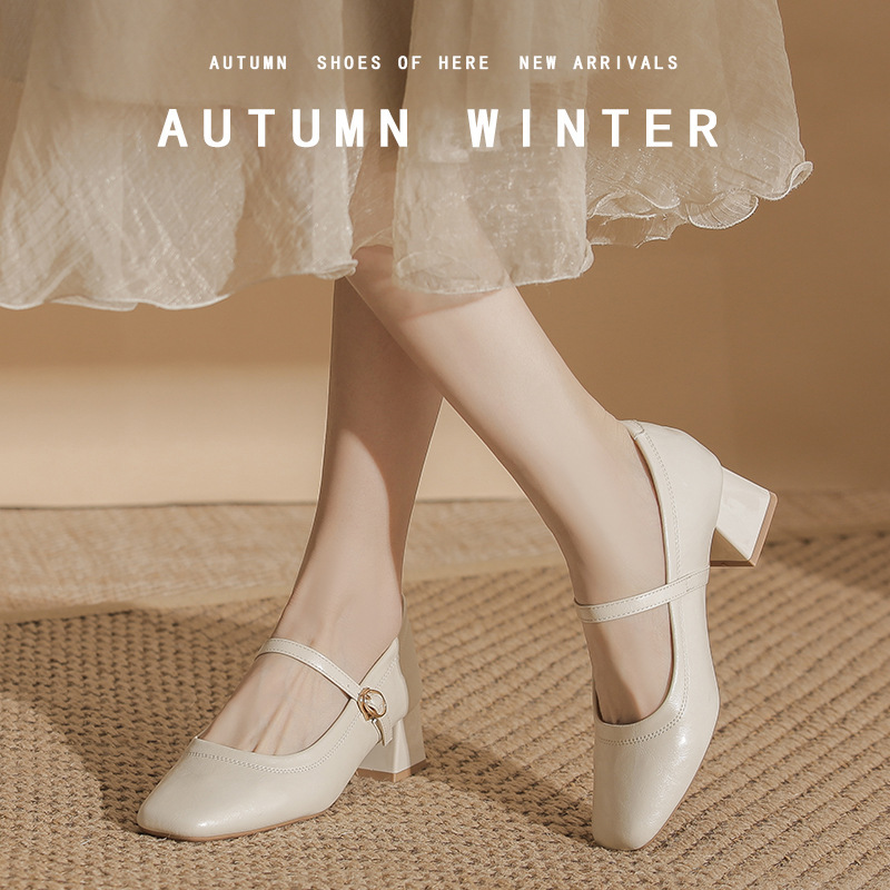 Super Soft! Genuine Leather French-Style Low-Heeled Square-Toe Off-White Mary Jane Shoes, Qipao Single Shoes, Work Leather Shoes, Commuter Women's Shoes