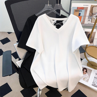V Neck New Plus Size Slimming Look Loose Mid-Length Short-Sleeved T-Shirt for Women 200/300/350 Pounds 7103