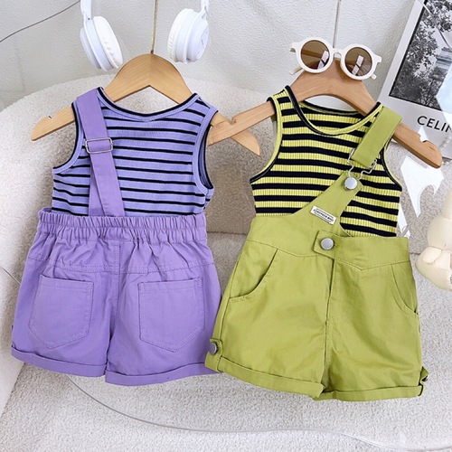 Korean-style girl's strap pants set  summer new sleeveless striped top little girl shorts two-piece set