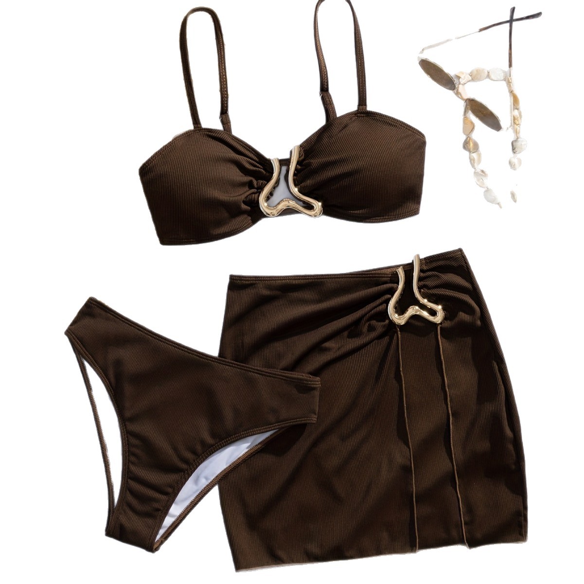 Women's Three Piece Bikini Set Sexy Fashionable Simple Solid Color European American Style with Irregular Gold Decoration_voghion.com