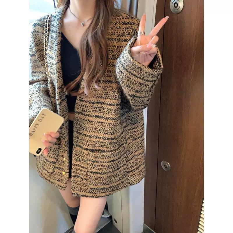 Unmun Socialite Elegant V-Neck Small Fragrant Jacket Women's Autumn and Winter New Style Thickeneded Tweed Braided Loose Mid-Length Style