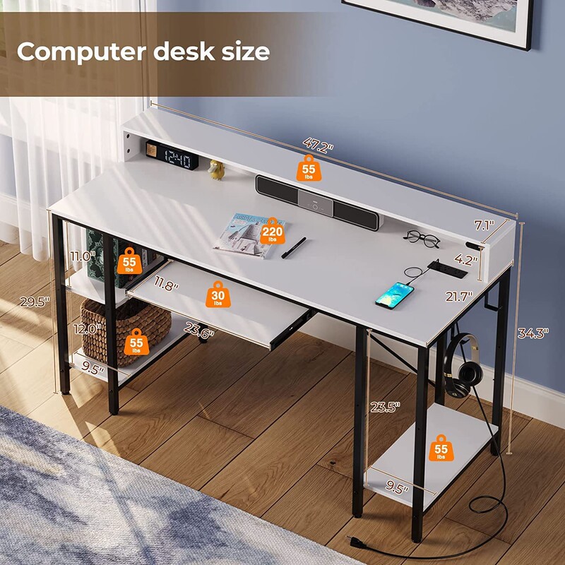 Customized Popular Computer Desk with Led Light Power Socket Desk with Storage Rack with Keyboard Tray