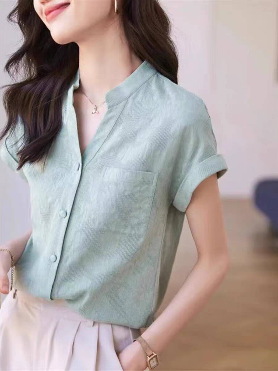 Áo sơ mi nữ liền vai chất liệu cotton linen phong cách Hàn Quốc — xanh lá cây