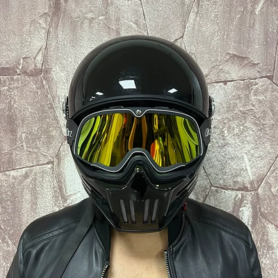 Motosiklet kaskı (dəbilqə) – National Standard 3C Certified Retro Motorcycle - single-helmet-with-retro-black-gold-goggles-white-grid-band-message-the-color-of-the-helmet-transparent-mirror-delivered-m