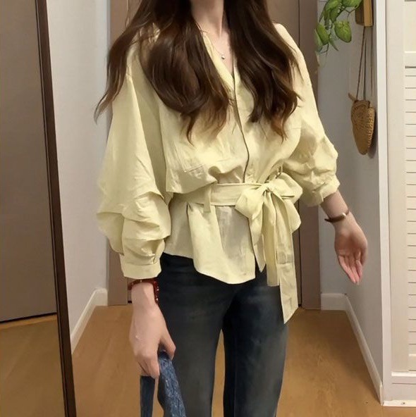 大码早秋穿搭胖mm慵懒韩系收腰衬衫新款宽松修身遮肉气质显瘦上衣|undefined