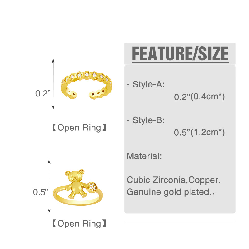 Korean Bear Shape Micro-inlaid Zircon Geometric Honeycomb Open Ring display picture 1