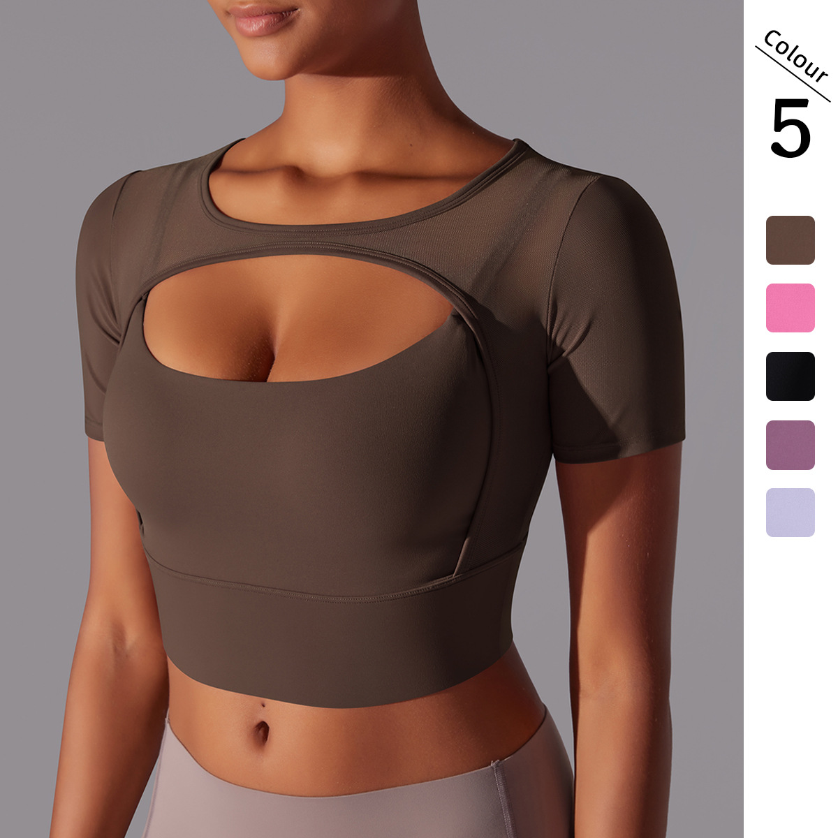 Clássico sólido de malla de empalme sexy doble brazo corto de manga corta para correr fitness doble chaqueta de yoga para mujeres
