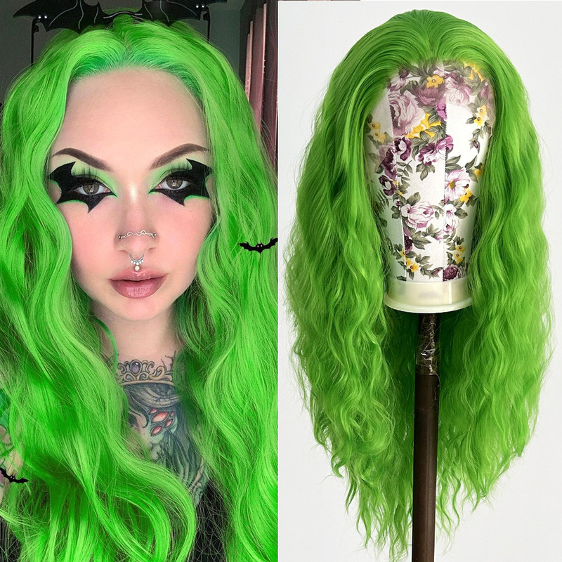 Halloween Cos Wig Christmas Style Green Curly Hair Chemical Fiber Front Lace Wig 13*4 Green Long Curly Hair