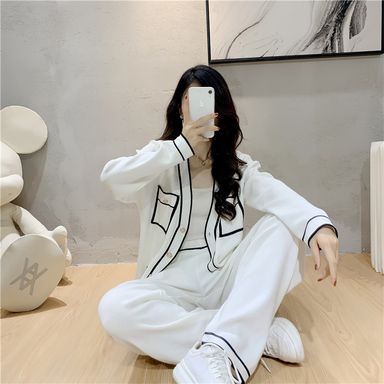 Ensemble pantalon pour femme, cardigan tricoté, pantalon à jambes larges, ensemble deux pièces à la mode, tempérament de printemps, automne et hiver_voghion.com