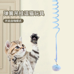 猫のおもちゃはドアのロープのスプリングのおもちゃを掛けてぶらぶらしています。