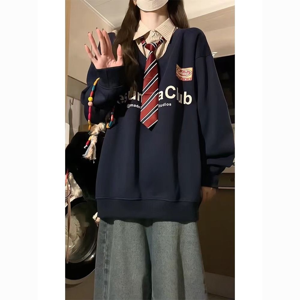 美式潮牌polo领带假两件卫衣女秋冬季新款宽松拼接衬衫学院风外套