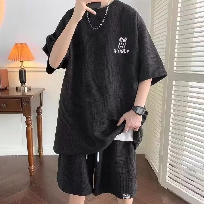 Camisa menos ropa waffle camiseta para hombre verano suelta talla grande adolescente pantalones cortos de manga corta traje deportivo casual