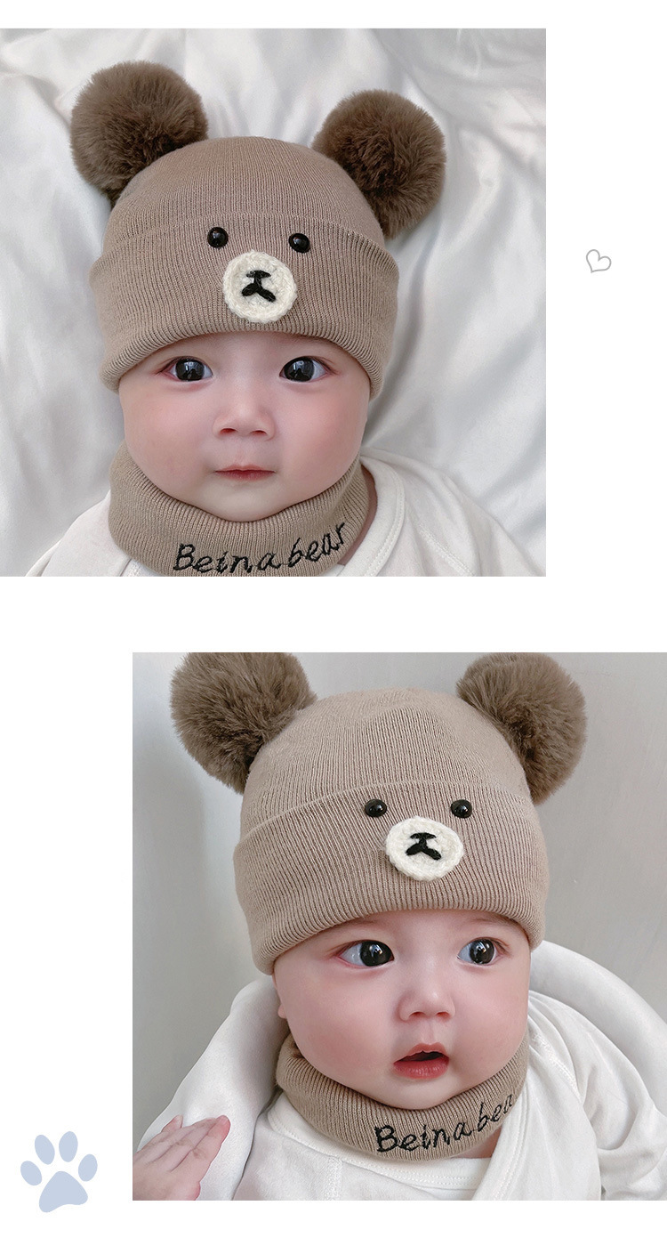 Autumn And Winter Baby Hat Scarf Wool Hair Ball Bear Infant Knitted Hat Two-piece display picture 6