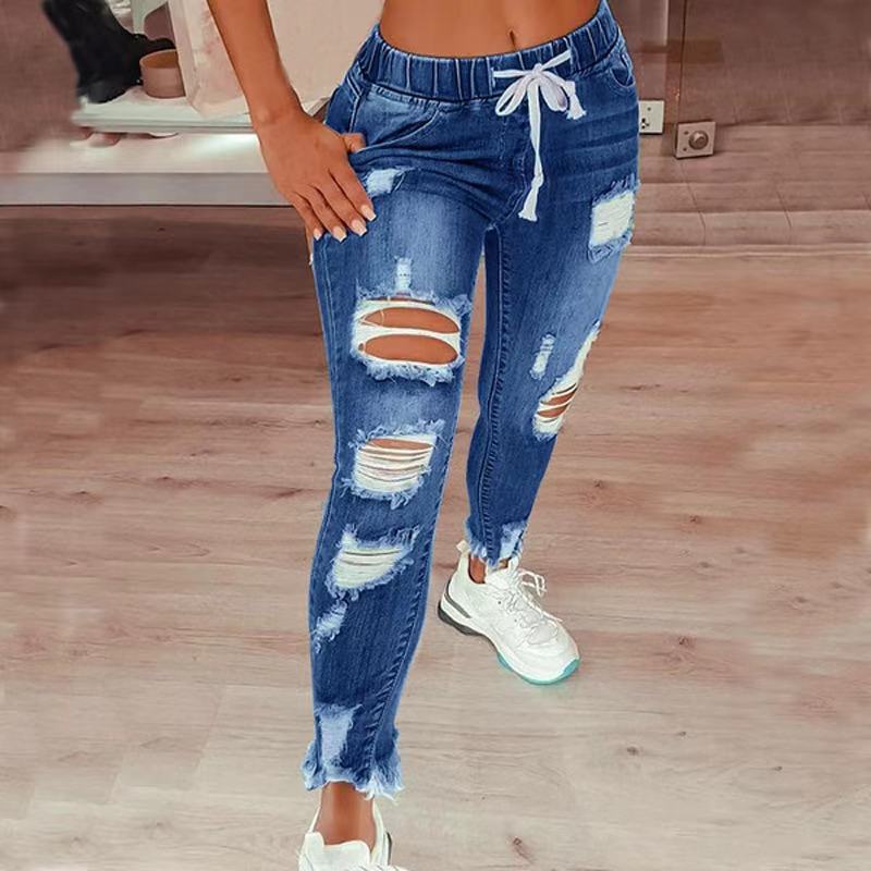 Comercio exterior transfronterizo Comercio exterior europeo y americano Comercio exterior de alta cintura retro estilo universitario rasgado cintura elástica cordón Jeans para mujeres