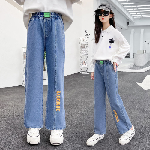 Girls Jeans Spring and Autumn New Medium and Large Children's Clothing Girls Loose Baby Casual Girls Wide Leg Pants Wholesale