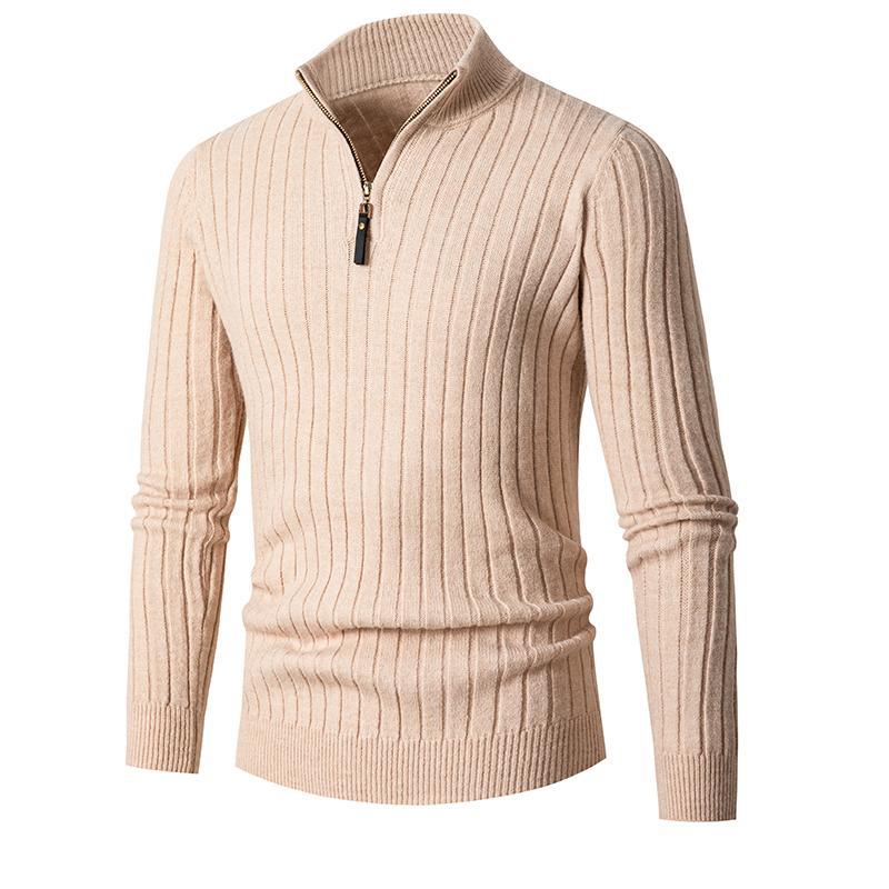 Maglione maglione lavorato a maglia da uomo di mezza età e giovane con mezza cerniera Maglione con fondo a righe verticali di tendenza europea_voghion.com