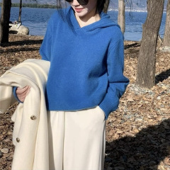 跨境外贸时尚纯色连帽针织女秋冬慵懒风内搭宽松软糯套头长袖毛衣