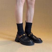学院风厚底金属扣弹力短靴女2025秋冬复古针织瘦瘦靴百搭黑色袜靴