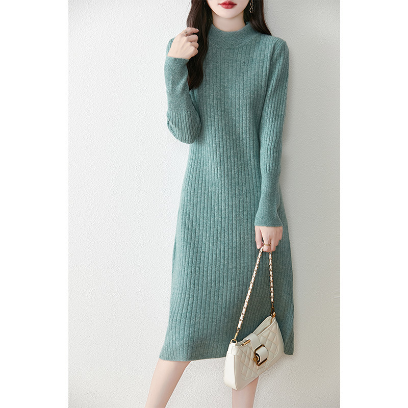 Mid-length Cashmere Sweater Long-sleeved dress Women's Autumn and Winter New Half-high Collar Over-the-knee Pure Wool Knitted Long Dress