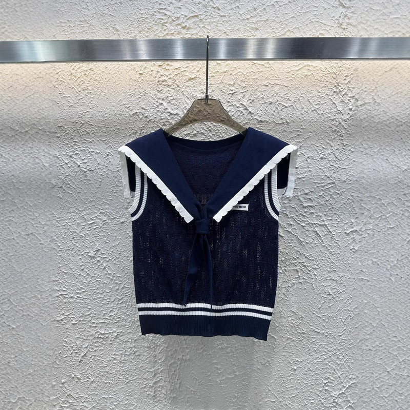 Mm25 New Summer Style Navy Collar Quilted Navy Collar Layered Knitted Vest Versatile Top