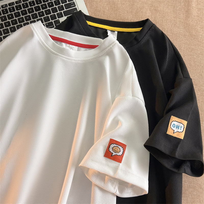 Waffle pesada manga corta verano de los hombres suelta cuello redondo Camiseta marca de moda etiquetado simple moda media manga pareja camiseta