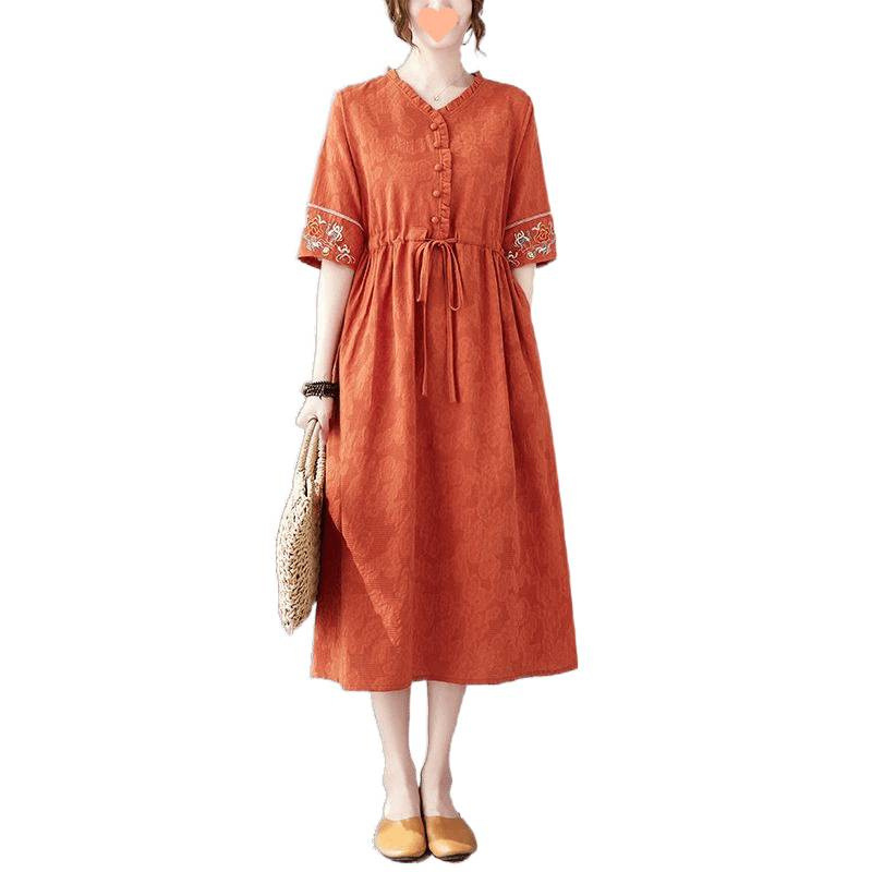 女性用夏のエスニックスタイルのコットンとリネンのドレス、ハイエンドのウエスト刺繍入りマザーズドレス、ゆったりとした痩身リネンドレス|undefined