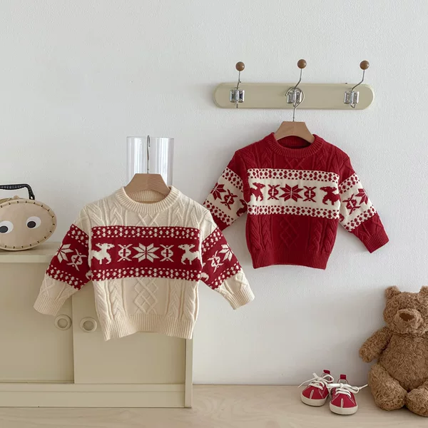 Children's Sweater 2025 Winter New Korean Style Snowflake Knitted Top for Boys and Girls Children's Warm New Year's Clothing Pullover Sweater