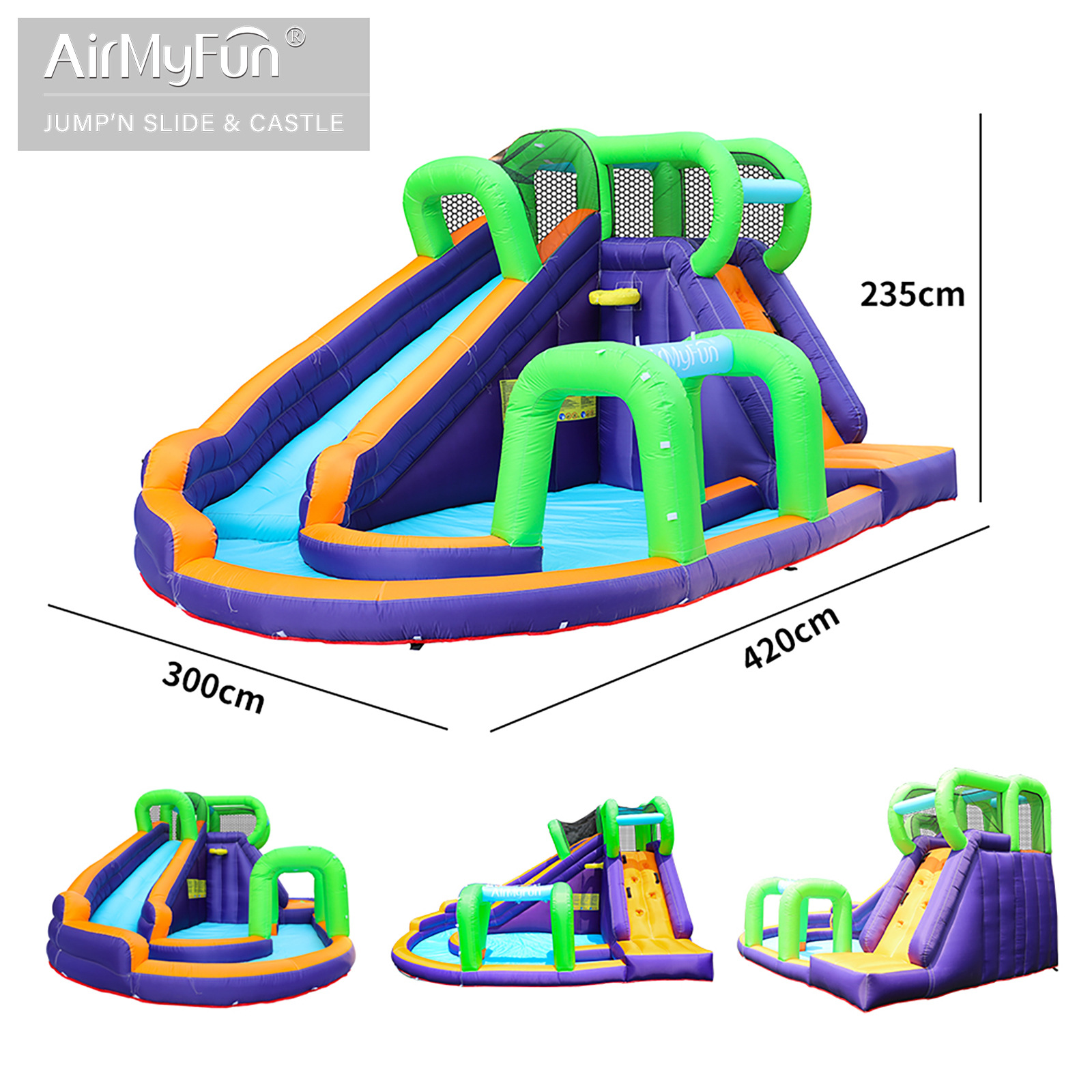 AMF | Castillo inflable con rociador de agua para el hogar, combinación de trampolín inflable, tobogán acuático interior para niños, castillo inflable pequeño antideslizante