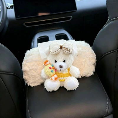 Bear-shaped car tissue box, armrest box Car tissue box/set - s-size-yellow-candy-with-white-edges-yellow-coat-white-bear-white-velvet-armrest-cover
