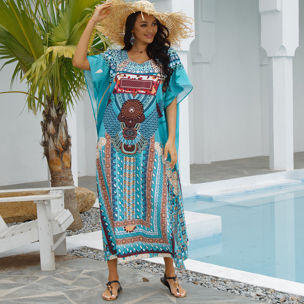 Europa y América verde serpiente impresión suelta más tamaño traje de playa vestido bikini cover up vacaciones sol protección camisa 1D39