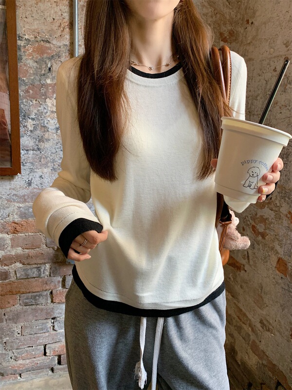 实拍秋季新款韩版撞色圆领假两件宽松休闲针织衫长袖上衣女87660|undefined