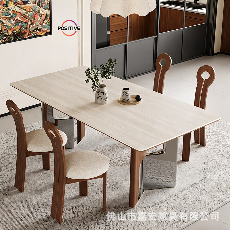 French-Style Vintage Travertine Sintered Stone Dining Table, Solid Wood, High-End Villa, Medieval Style, Rectangular Dining Table French-Style Vintage Travertine Sintered Stone Dining Table, Solid Wood, High-End Villa, Medieval Style, Rectangular Dining Table