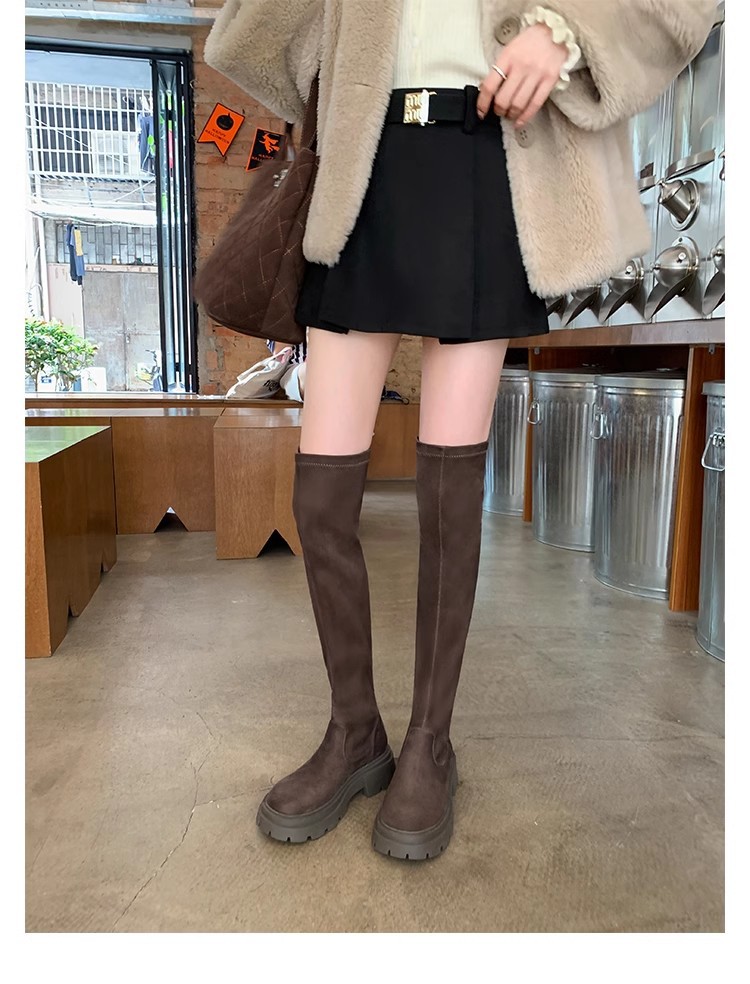 Nuevas botas de otoño e invierno con punta redonda, suela gruesa y efecto de aumento de altura, que hacen que las piernas se vean rectas y delgadas, botas largas elásticas de gamuza por encima de la rodilla para mujer. image 8