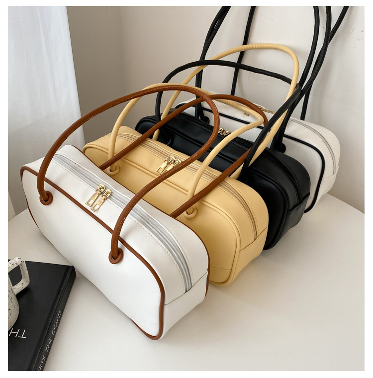 2021 New Style Bag Double Shoulder Strap Pillow Bag High-end Sense Contrast Boston Bag Commuter Shoulder Underarm Baguette Bag