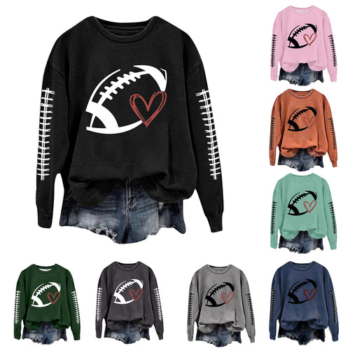 New Women's Sports Shirt Rugby Print Hooded Sweatshirt Crew Neck Long Sleeve Casual Sweatshirt