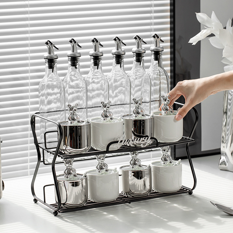 Luz de lujo de plata condimento tarro traje cocina cerámica sal tarro condimento aceite sal salsa botella tarro combinación condimento caja