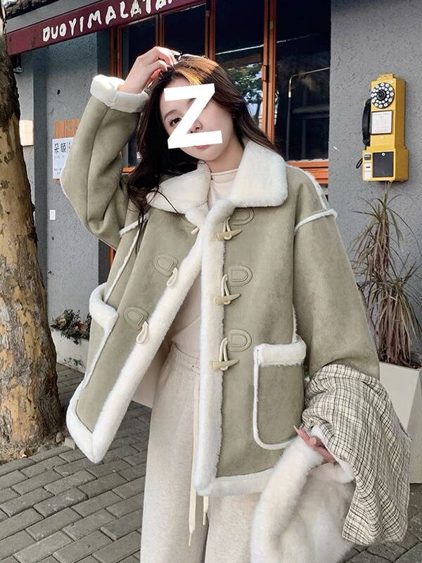 牛角扣麂皮绒皮毛一体羊羔毛绒外套女2025冬季新款加厚保暖棉服|undefined