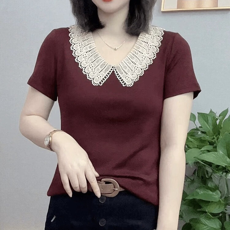 92 Cotton 8 Spandex Summer Style Age-Reducing Lace Doll Collar Short-Sleeved T-Shirt Women's Slimming Look Plus Size Women's Mother's Shirt 92 Cotton 8 Spandex Summer Style Age-Reducing Lace Doll Collar Short-Sleeved T-Shirt Women's Slimming Look Plus Size Women's Mother's Shirt