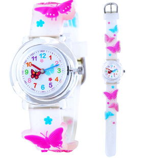 Factory wholesale White transparent butterfly glitter 3d silicone cartoon watch cute quartz girls' watch children's watch