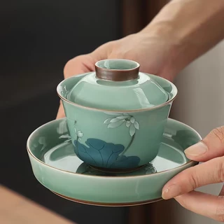 青瓷荷花单个二才盖碗茶杯陶瓷茶具小号泡茶器家用功夫三才敬茶碗