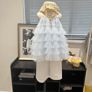 韓版童裝2025夏季女童淺藍色吊帶蓬蓬裙網紗蛋糕裙無袖上衣搭配白