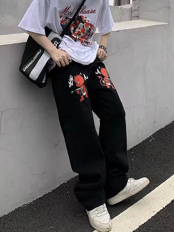 Y2K Hip Hop Devil Print Oversized Jeans Men's New Fashion Casual HarajuKu Loose Straight-leg Trousers