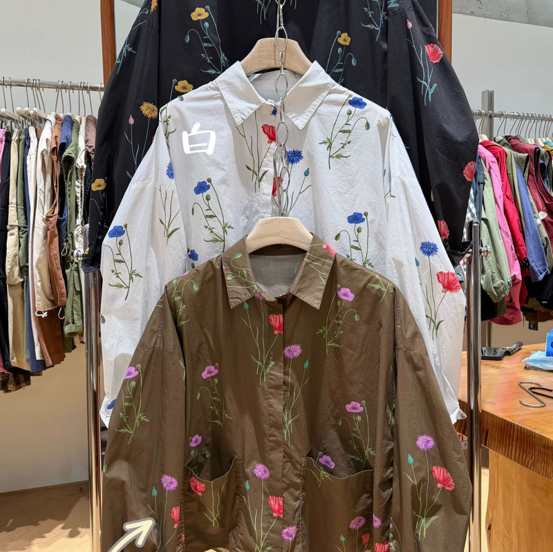we2026 Autumn New Korean Style Floral Print Shirt for Women, Turn-down Collar, Large Pockets, Loose Fit, Short Length, Long Sleeve Blouse