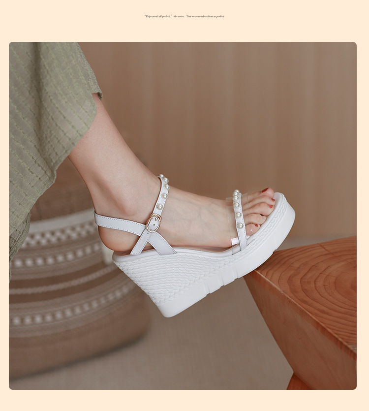 Sandal cao gót nữ hở mũi quai ngang đính ngọc trai, đế xuồng dày dáng La Mã — màu trắng, màu mơ chi tiết 13