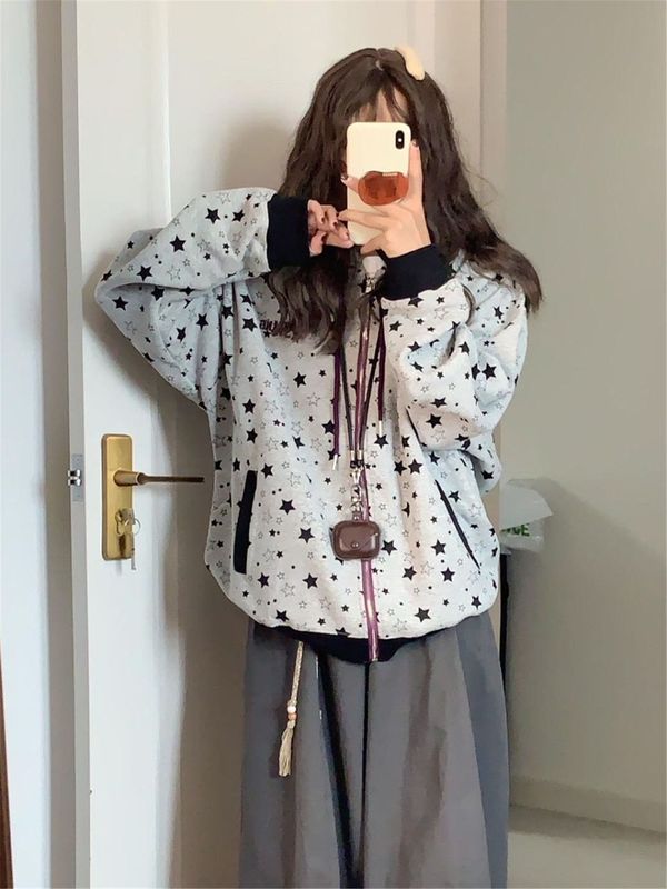 国潮牌满印星星刺绣字母拉链外套女春秋轻美式慵懒风连帽开衫卫衣|undefined