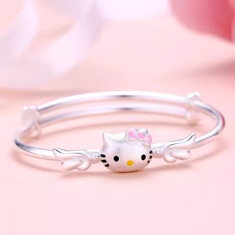 白铜镀厚银儿童KT猫小孩手镯女款实心推拉日韩版仿银手环直播专供