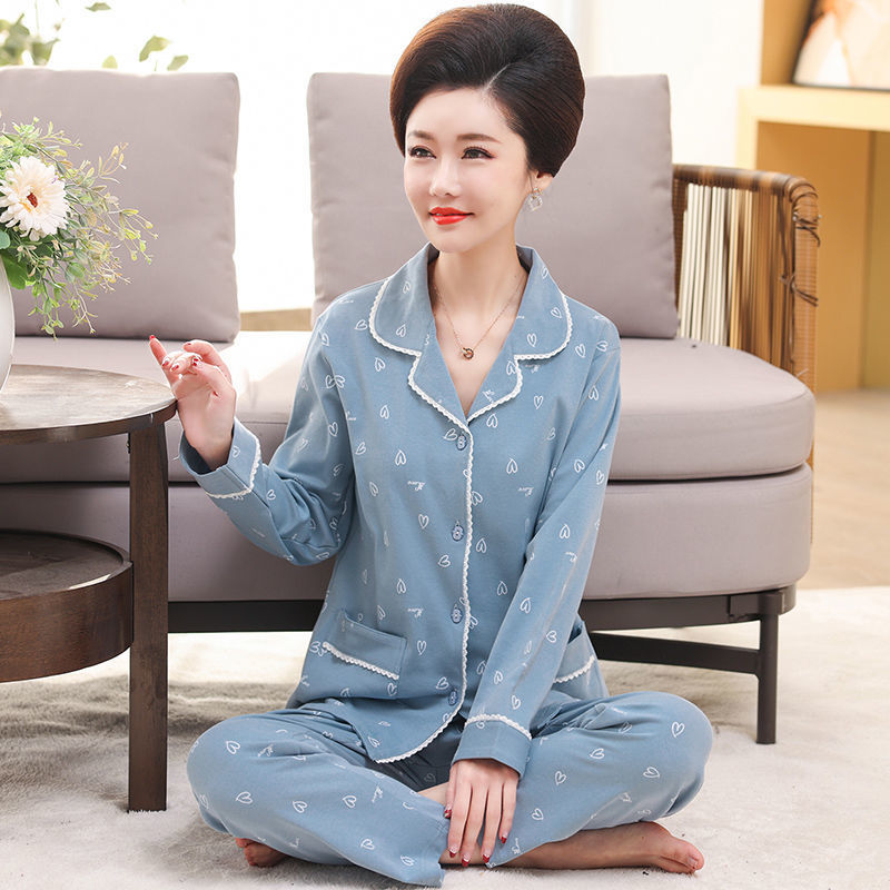 Pijamas de mujer de mediana edad 100% algodón Pijamas de mujer de verano de manga larga de mediana edad y madres ancianas usan traje Delgado