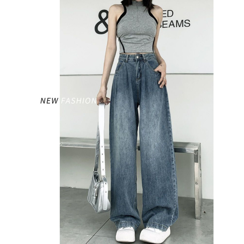주름 디자인 넓은 다리 청바지 겨울 새로운 스타일 작은 느슨한 높은 허리 슬리밍 레트로 스트레이트 바지